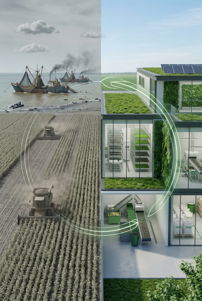 SOY and Fishmeal vs BSF circular economy Illustration